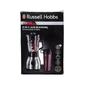 Russell Hobbs Stand Mixer, Glass Steel 2-in-1, To-go Mug & Lid, 1.5L Glass Container, 0.8 HP Motor, Smoothie Maker - Refurbished