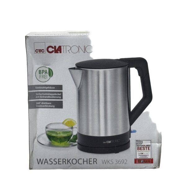 Clatronic WKS 3692 Kettle, 1.5 L, Concealed Stainless Steel Element, Automatic Shut-Off, Base Station, 2200 W, Black/Stainless Steel - Refurbished